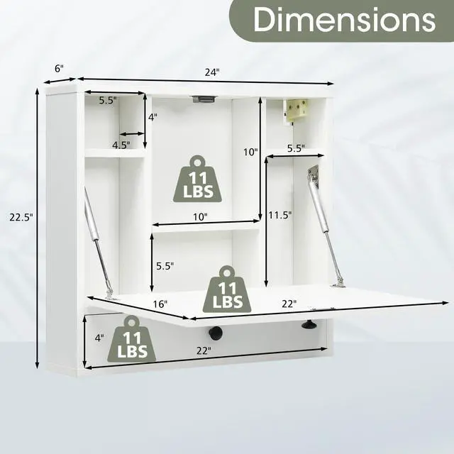 Alt view image 3 of 6 - Folding Wall Table - Floating Desk with Storage Drawer & Shelves (White)
