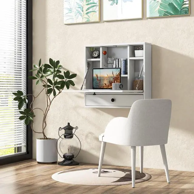 Alt view image 4 of 6 - Folding Wall Table - Floating Desk with Storage Drawer & Shelves (White)
