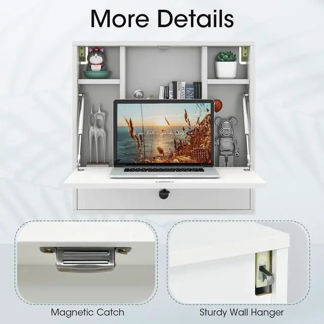 Alt view image 6 of 6 - Folding Wall Table - Floating Desk with Storage Drawer & Shelves (White)