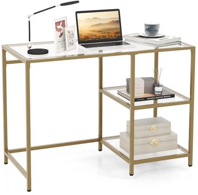 Main image of Tempered Glass Computer Desk with 2-Tier Storage Shelves, Modern Computer Workstation, Vanity Makeup Table, Sturdy Metal Frame, Home Office Desk, Student Writing Study Desk (Gold)