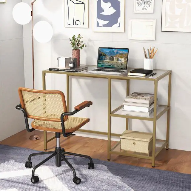 Alt view image 2 of 6 - Tempered Glass Computer Desk with 2-Tier Storage Shelves, Modern Computer Workstation, Vanity Makeup Table, Sturdy Metal Frame, Home Office Desk, Student Writing Study Desk (Gold)