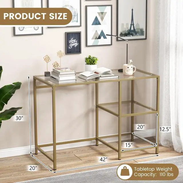 Alt view image 3 of 6 - Tempered Glass Computer Desk with 2-Tier Storage Shelves, Modern Computer Workstation, Vanity Makeup Table, Sturdy Metal Frame, Home Office Desk, Student Writing Study Desk (Gold)