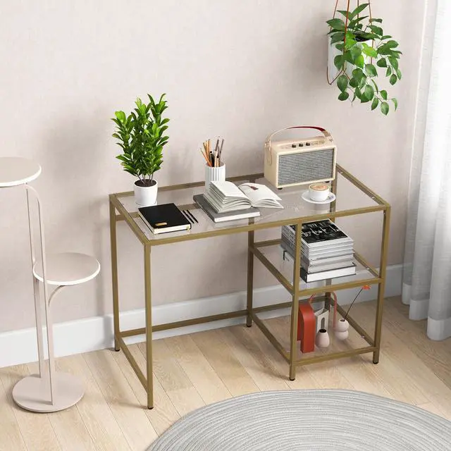 Alt view image 5 of 6 - Tempered Glass Computer Desk with 2-Tier Storage Shelves, Modern Computer Workstation, Vanity Makeup Table, Sturdy Metal Frame, Home Office Desk, Student Writing Study Desk (Gold)
