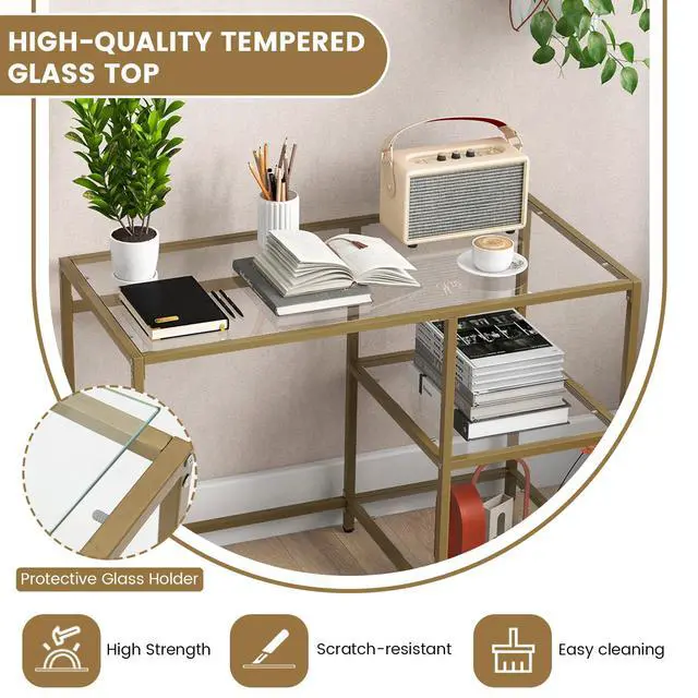 Alt view image 6 of 6 - Tempered Glass Computer Desk with 2-Tier Storage Shelves, Modern Computer Workstation, Vanity Makeup Table, Sturdy Metal Frame, Home Office Desk, Student Writing Study Desk (Gold)