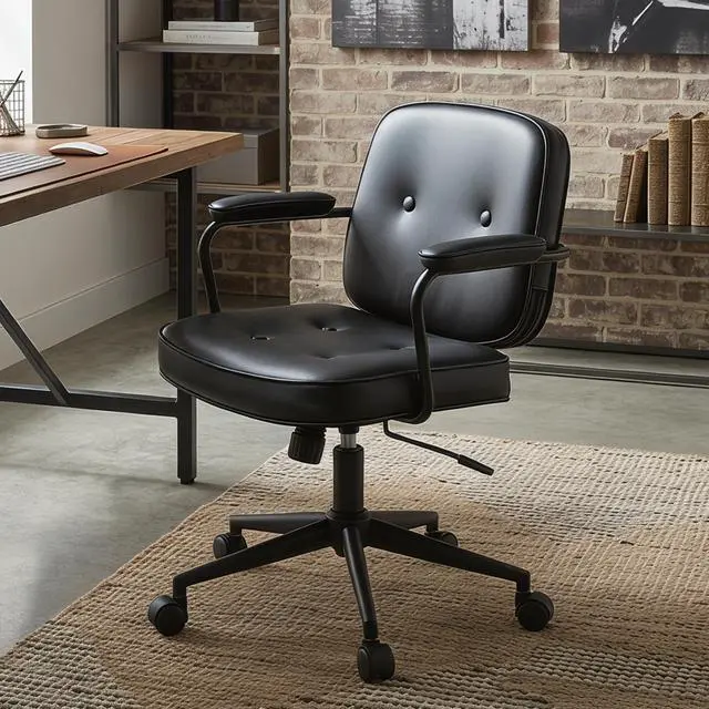 Main image of Retro Home Office Computer Desk Chair with Armrest, Modern PU Leather Mid Back Swivel Task Chair Rolling Adjustable Office Guest Chair for Home Office, Black