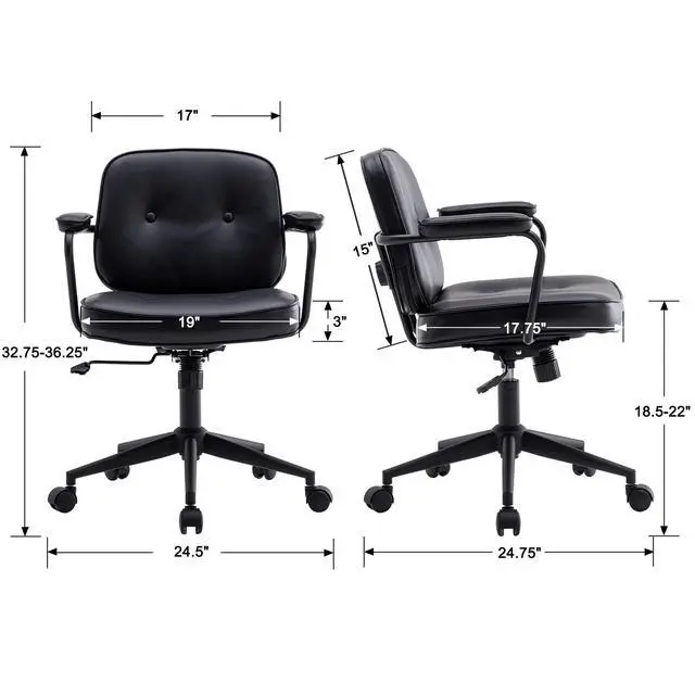 Alt view image 2 of 6 - Retro Home Office Computer Desk Chair with Armrest, Modern PU Leather Mid Back Swivel Task Chair Rolling Adjustable Office Guest Chair for Home Office, Black
