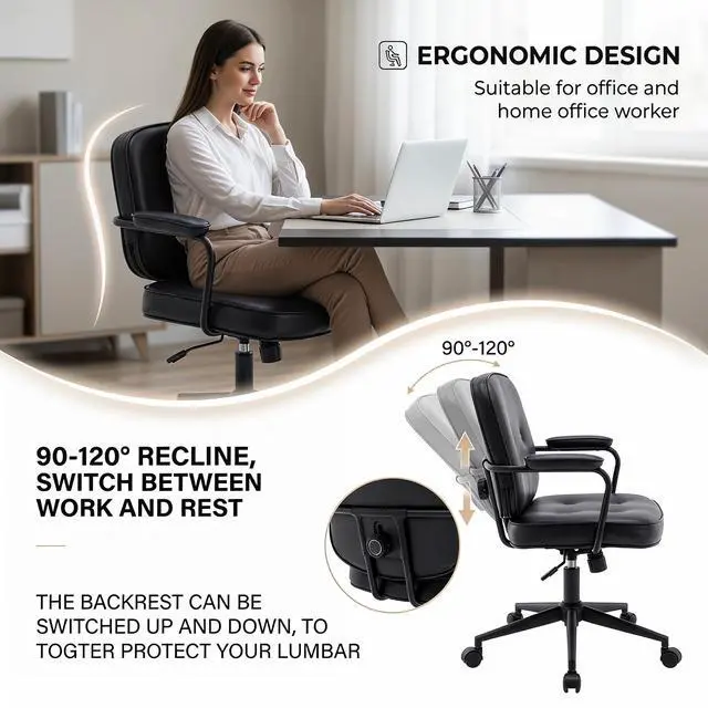 Alt view image 3 of 6 - Retro Home Office Computer Desk Chair with Armrest, Modern PU Leather Mid Back Swivel Task Chair Rolling Adjustable Office Guest Chair for Home Office, Black