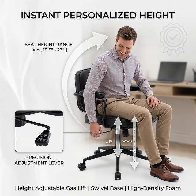 Alt view image 4 of 6 - Retro Home Office Computer Desk Chair with Armrest, Modern PU Leather Mid Back Swivel Task Chair Rolling Adjustable Office Guest Chair for Home Office, Black