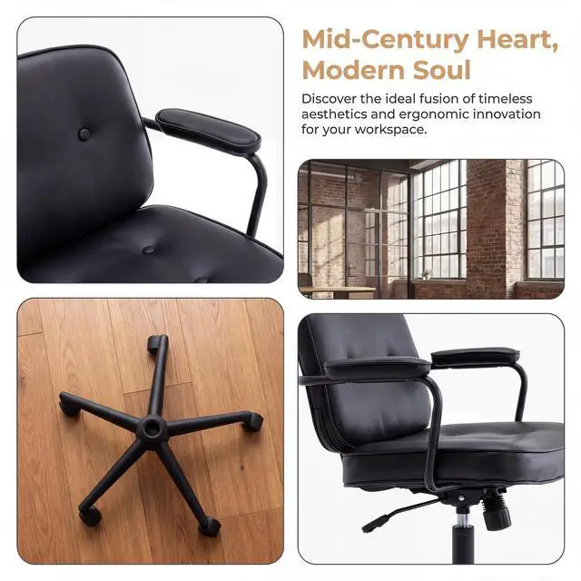 Alt view image 5 of 6 - Retro Home Office Computer Desk Chair with Armrest, Modern PU Leather Mid Back Swivel Task Chair Rolling Adjustable Office Guest Chair for Home Office, Black