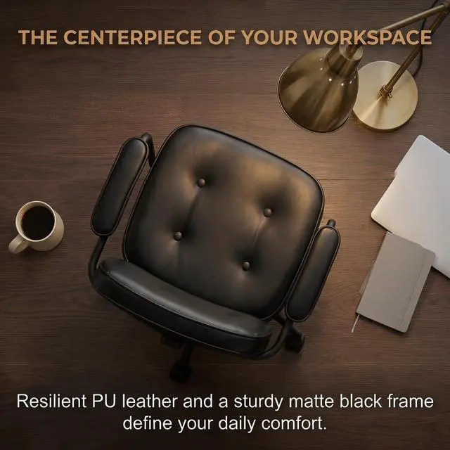 Alt view image 6 of 6 - Retro Home Office Computer Desk Chair with Armrest, Modern PU Leather Mid Back Swivel Task Chair Rolling Adjustable Office Guest Chair for Home Office, Black