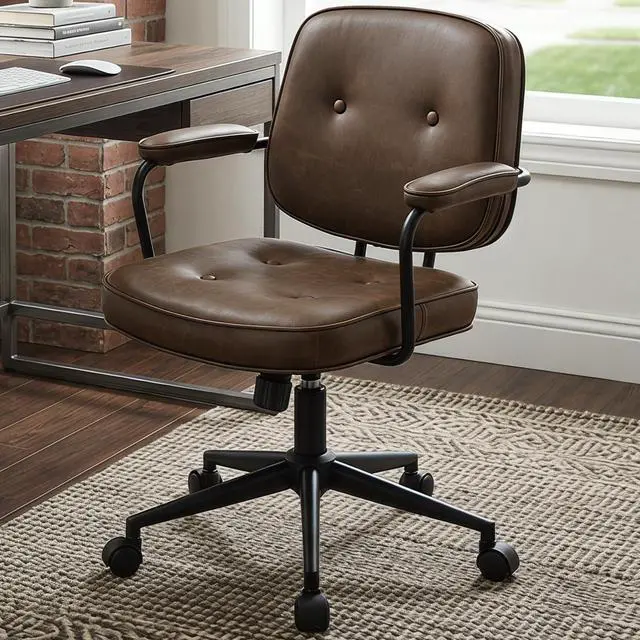 Main image of Retro PU Leather Office Computer Desk Chair with Armrest, Modern Mid Back Swivel Task Chair Rolling Adjustable Office Guest Chair for Home Office, Brown