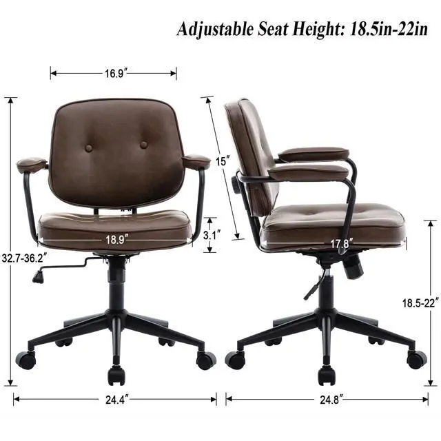 Alt view image 2 of 6 - Retro PU Leather Office Computer Desk Chair with Armrest, Modern Mid Back Swivel Task Chair Rolling Adjustable Office Guest Chair for Home Office, Brown