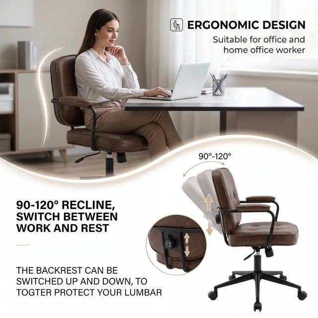 Alt view image 3 of 6 - Retro PU Leather Office Computer Desk Chair with Armrest, Modern Mid Back Swivel Task Chair Rolling Adjustable Office Guest Chair for Home Office, Brown