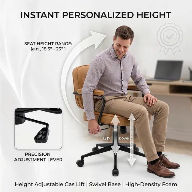 Alt view image 4 of 6 - Retro PU Leather Office Computer Desk Chair with Armrest, Modern Mid Back Swivel Task Chair Rolling Adjustable Office Guest Chair for Home Office, Brown
