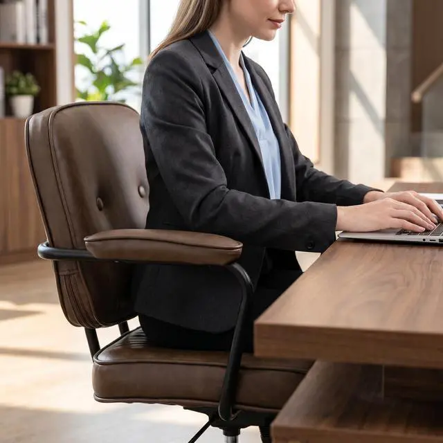 Alt view image 6 of 6 - Retro PU Leather Office Computer Desk Chair with Armrest, Modern Mid Back Swivel Task Chair Rolling Adjustable Office Guest Chair for Home Office, Brown
