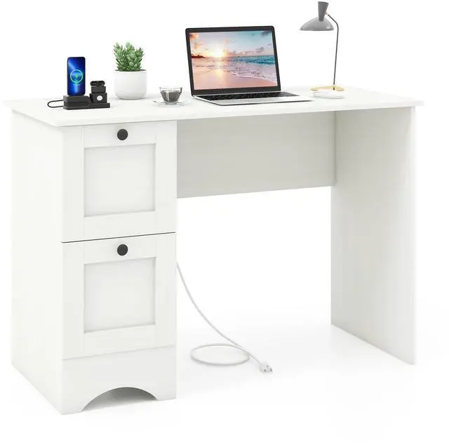Main image of White Desk with Drawers & Charging Station, Wooden Home Office Desk PC Laptop Notebook Desk, Compact Study Desk Writing Desk, Computer Workstation Ideal for Home & Office