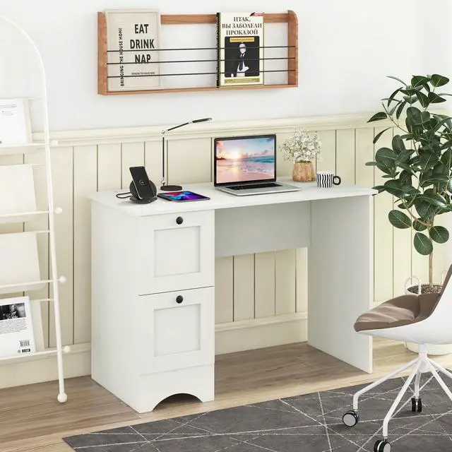 Alt view image 2 of 6 - White Desk with Drawers & Charging Station, Wooden Home Office Desk PC Laptop Notebook Desk, Compact Study Desk Writing Desk, Computer Workstation Ideal for Home & Office