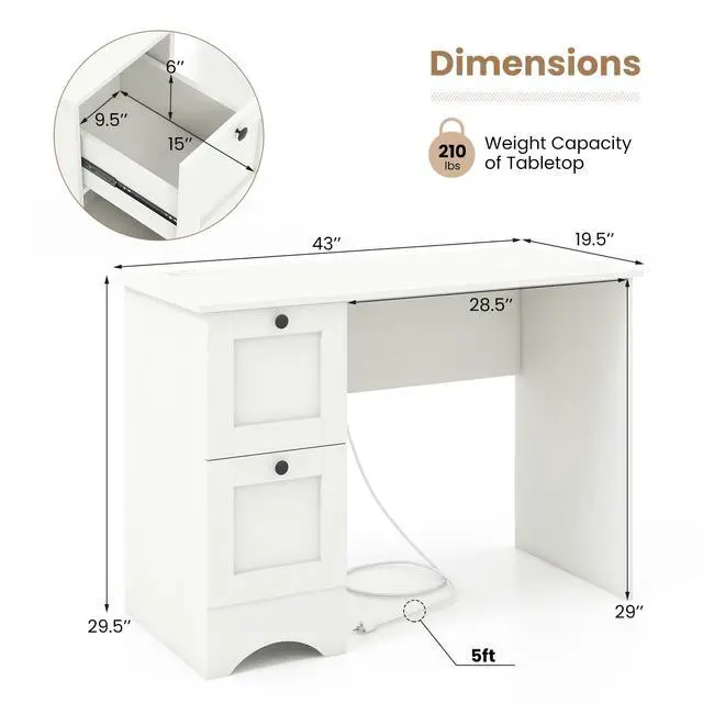 Alt view image 3 of 6 - White Desk with Drawers & Charging Station, Wooden Home Office Desk PC Laptop Notebook Desk, Compact Study Desk Writing Desk, Computer Workstation Ideal for Home & Office