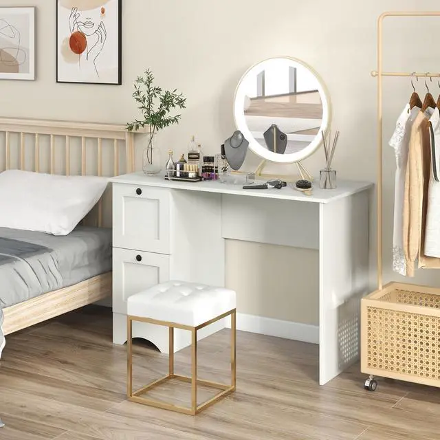 Alt view image 4 of 6 - White Desk with Drawers & Charging Station, Wooden Home Office Desk PC Laptop Notebook Desk, Compact Study Desk Writing Desk, Computer Workstation Ideal for Home & Office