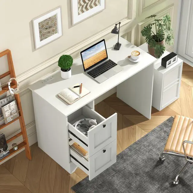 Alt view image 5 of 6 - White Desk with Drawers & Charging Station, Wooden Home Office Desk PC Laptop Notebook Desk, Compact Study Desk Writing Desk, Computer Workstation Ideal for Home & Office
