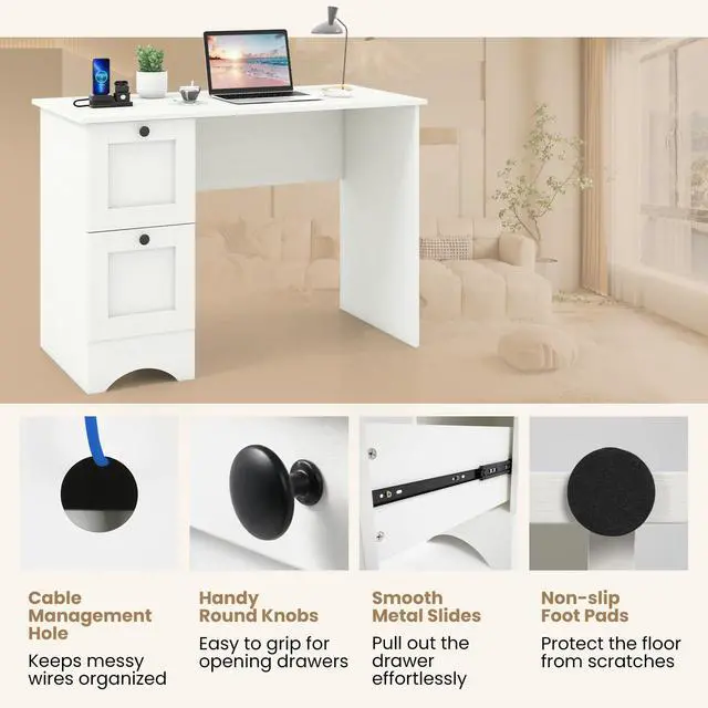 Alt view image 6 of 6 - White Desk with Drawers & Charging Station, Wooden Home Office Desk PC Laptop Notebook Desk, Compact Study Desk Writing Desk, Computer Workstation Ideal for Home & Office