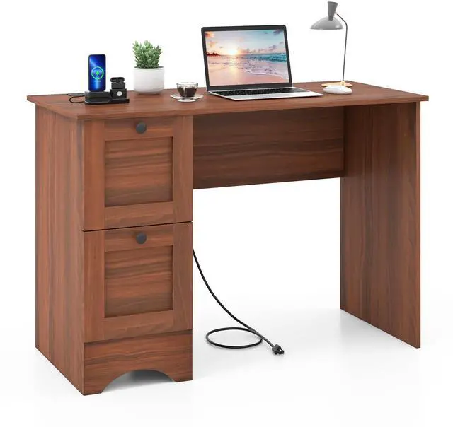 Main image of Computer Desk with Drawers & Charging Station, Wooden Home Office Desk PC Laptop Notebook Desk, Compact Study Desk Writing Desk, Computer Workstation Ideal for Home & Office