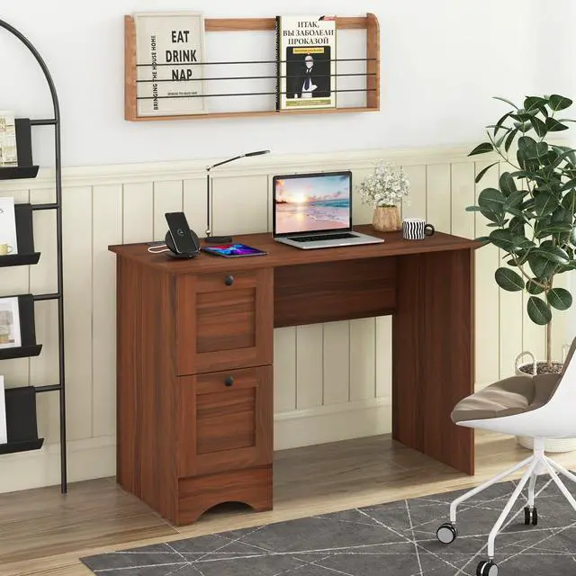 Alt view image 2 of 6 - Computer Desk with Drawers & Charging Station, Wooden Home Office Desk PC Laptop Notebook Desk, Compact Study Desk Writing Desk, Computer Workstation Ideal for Home & Office