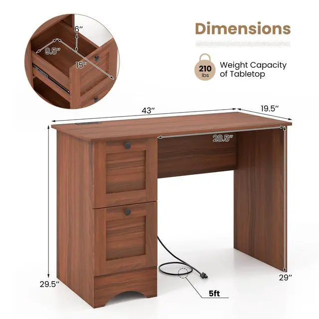 Alt view image 3 of 6 - Computer Desk with Drawers & Charging Station, Wooden Home Office Desk PC Laptop Notebook Desk, Compact Study Desk Writing Desk, Computer Workstation Ideal for Home & Office