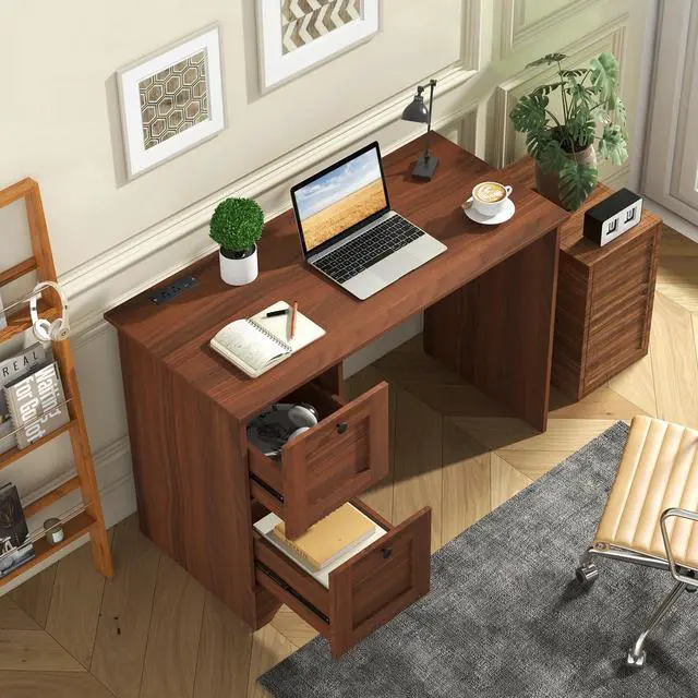 Alt view image 4 of 6 - Computer Desk with Drawers & Charging Station, Wooden Home Office Desk PC Laptop Notebook Desk, Compact Study Desk Writing Desk, Computer Workstation Ideal for Home & Office