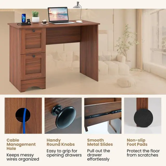 Alt view image 6 of 6 - Computer Desk with Drawers & Charging Station, Wooden Home Office Desk PC Laptop Notebook Desk, Compact Study Desk Writing Desk, Computer Workstation Ideal for Home & Office