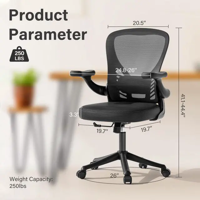 Alt view image 2 of 6 - Computer Desk Chair with Wheels, Mesh Office Chair with Flip Up Arms, Adjustable Lumbar Support, Swivel Desk Chair Comfy, Black