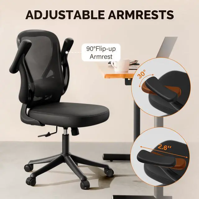 Alt view image 3 of 6 - Computer Desk Chair with Wheels, Mesh Office Chair with Flip Up Arms, Adjustable Lumbar Support, Swivel Desk Chair Comfy, Black