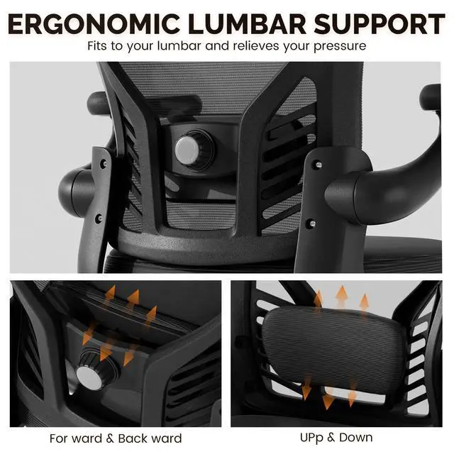Alt view image 4 of 6 - Computer Desk Chair with Wheels, Mesh Office Chair with Flip Up Arms, Adjustable Lumbar Support, Swivel Desk Chair Comfy, Black