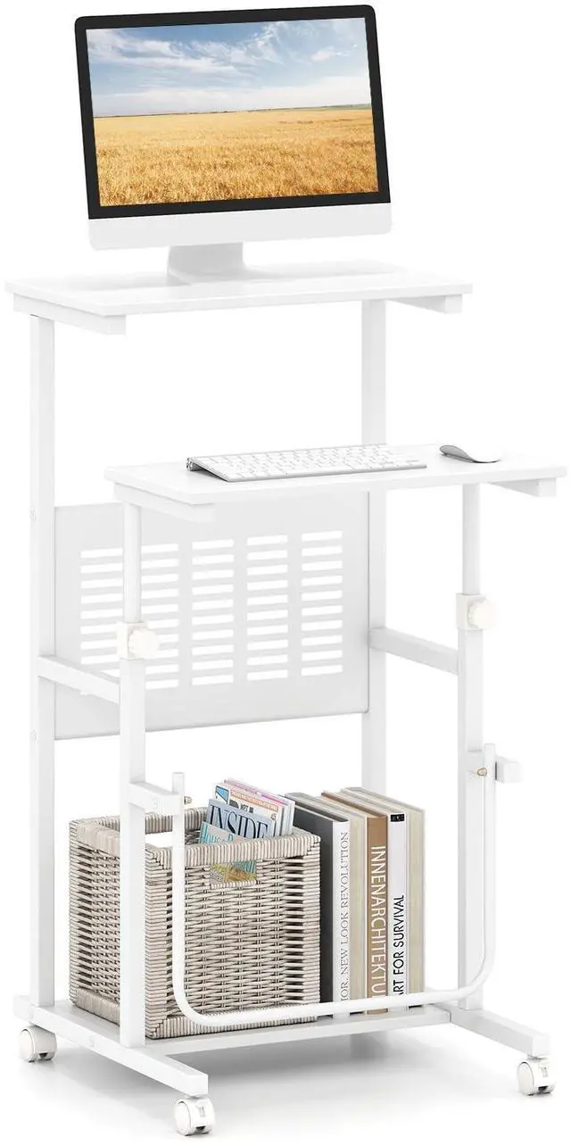 Main image of Adjustable Standing Desk, Mobile Rolling Computer Desk with Storage Shelf, Portable Laptop Table with Footrest, Mesh Panel, Lockable Wheels, Sit Stand Workstation for Home Office