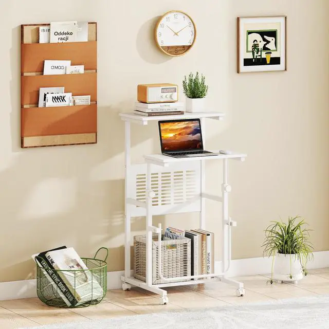 Alt view image 2 of 6 - Adjustable Standing Desk, Mobile Rolling Computer Desk with Storage Shelf, Portable Laptop Table with Footrest, Mesh Panel, Lockable Wheels, Sit Stand Workstation for Home Office