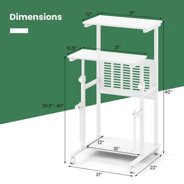 Alt view image 3 of 6 - Adjustable Standing Desk, Mobile Rolling Computer Desk with Storage Shelf, Portable Laptop Table with Footrest, Mesh Panel, Lockable Wheels, Sit Stand Workstation for Home Office