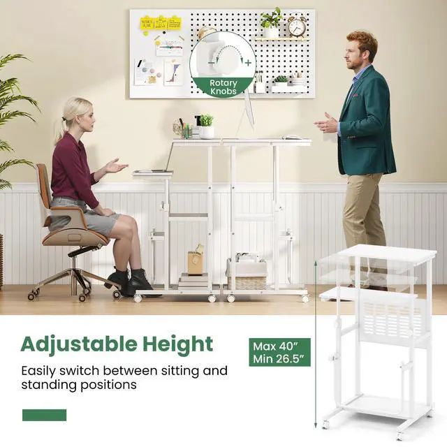 Alt view image 6 of 6 - Adjustable Standing Desk, Mobile Rolling Computer Desk with Storage Shelf, Portable Laptop Table with Footrest, Mesh Panel, Lockable Wheels, Sit Stand Workstation for Home Office