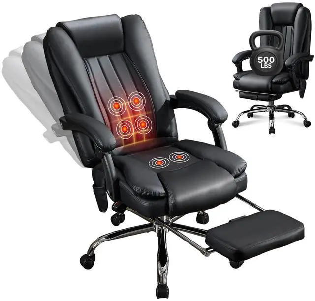 Main image of Massage Office Chair with Footrest, Heated 6-Point Vibration Ergonomic Executive Office Chair for Home, Big and Tall 500lbs Capacity Reclining High Back Computer Chair for Heavy People, PU Leather