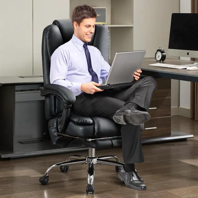 Alt view image 2 of 6 - Massage Office Chair with Footrest, Heated 6-Point Vibration Ergonomic Executive Office Chair for Home, Big and Tall 500lbs Capacity Reclining High Back Computer Chair for Heavy People, PU Leather