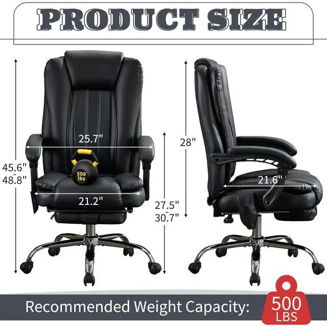 Alt view image 3 of 6 - Massage Office Chair with Footrest, Heated 6-Point Vibration Ergonomic Executive Office Chair for Home, Big and Tall 500lbs Capacity Reclining High Back Computer Chair for Heavy People, PU Leather