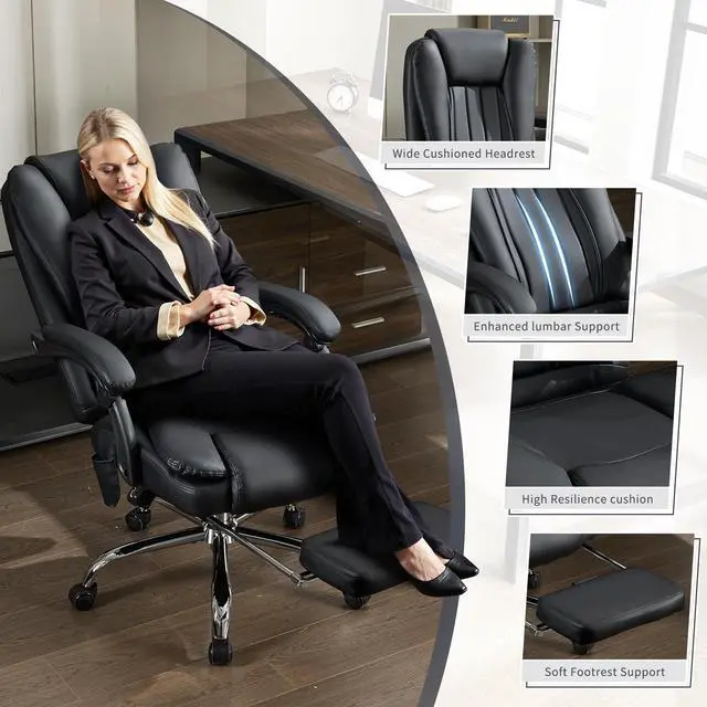 Alt view image 4 of 6 - Massage Office Chair with Footrest, Heated 6-Point Vibration Ergonomic Executive Office Chair for Home, Big and Tall 500lbs Capacity Reclining High Back Computer Chair for Heavy People, PU Leather