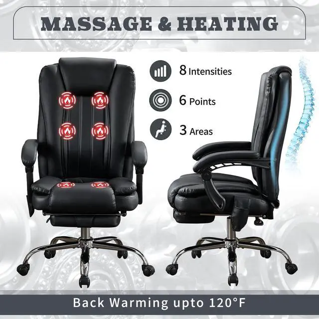 Alt view image 6 of 6 - Massage Office Chair with Footrest, Heated 6-Point Vibration Ergonomic Executive Office Chair for Home, Big and Tall 500lbs Capacity Reclining High Back Computer Chair for Heavy People, PU Leather