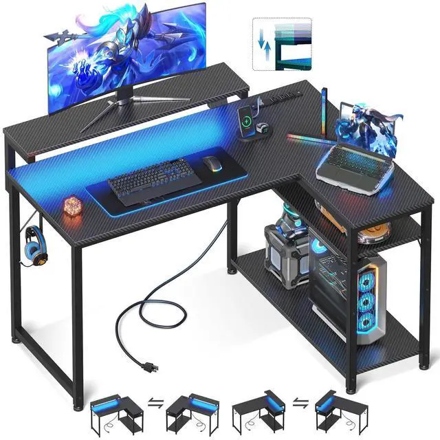 Main image of L Shaped Gaming Desk with Power Outlet, Reversible Gaming Desk with Height Adjustable Monitor Stand, Gaming Computer Desk 43inch with LED Lights, Home Office Desk, Black