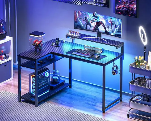 Alt view image 2 of 6 - L Shaped Gaming Desk with Power Outlet, Reversible Gaming Desk with Height Adjustable Monitor Stand, Gaming Computer Desk 43inch with LED Lights, Home Office Desk, Black