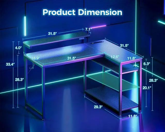 Alt view image 3 of 6 - L Shaped Gaming Desk with Power Outlet, Reversible Gaming Desk with Height Adjustable Monitor Stand, Gaming Computer Desk 43inch with LED Lights, Home Office Desk, Black