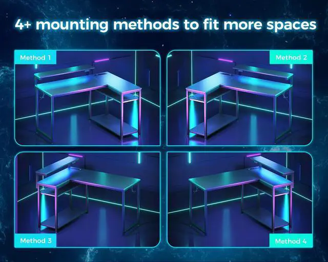 Alt view image 4 of 6 - L Shaped Gaming Desk with Power Outlet, Reversible Gaming Desk with Height Adjustable Monitor Stand, Gaming Computer Desk 43inch with LED Lights, Home Office Desk, Black