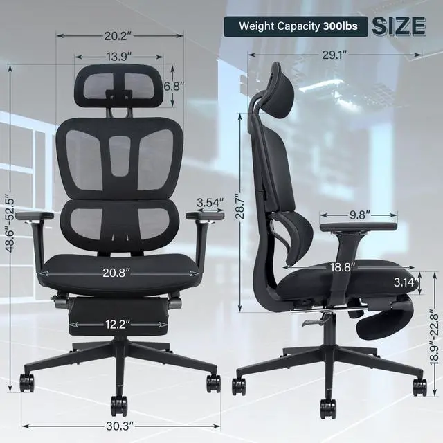 Alt view image 2 of 6 - Ergonomic Mesh Office Chair with Retractable Footrest - High Back Computer Chair with Lumbar Support, Adjustable Armrests and Headrest - Adult Multifunctional Home Office Chair, Black
