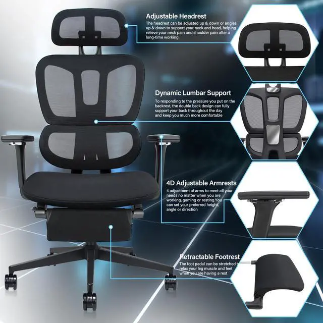 Alt view image 3 of 6 - Ergonomic Mesh Office Chair with Retractable Footrest - High Back Computer Chair with Lumbar Support, Adjustable Armrests and Headrest - Adult Multifunctional Home Office Chair, Black