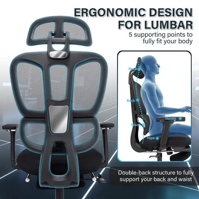 Alt view image 6 of 6 - Ergonomic Mesh Office Chair with Retractable Footrest - High Back Computer Chair with Lumbar Support, Adjustable Armrests and Headrest - Adult Multifunctional Home Office Chair, Black