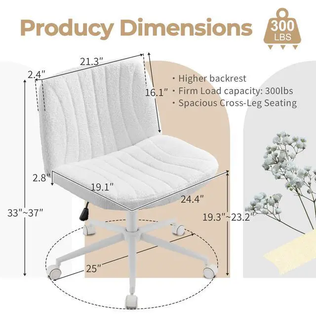 Alt view image 2 of 6 - Criss Cross Chair Armless Desk Chair with Wheels Cross Legged Office SwivelChair Wide Adjustable Comfy Padded Vanity Chair with Dual Purpose Base, Teddy Fleece White